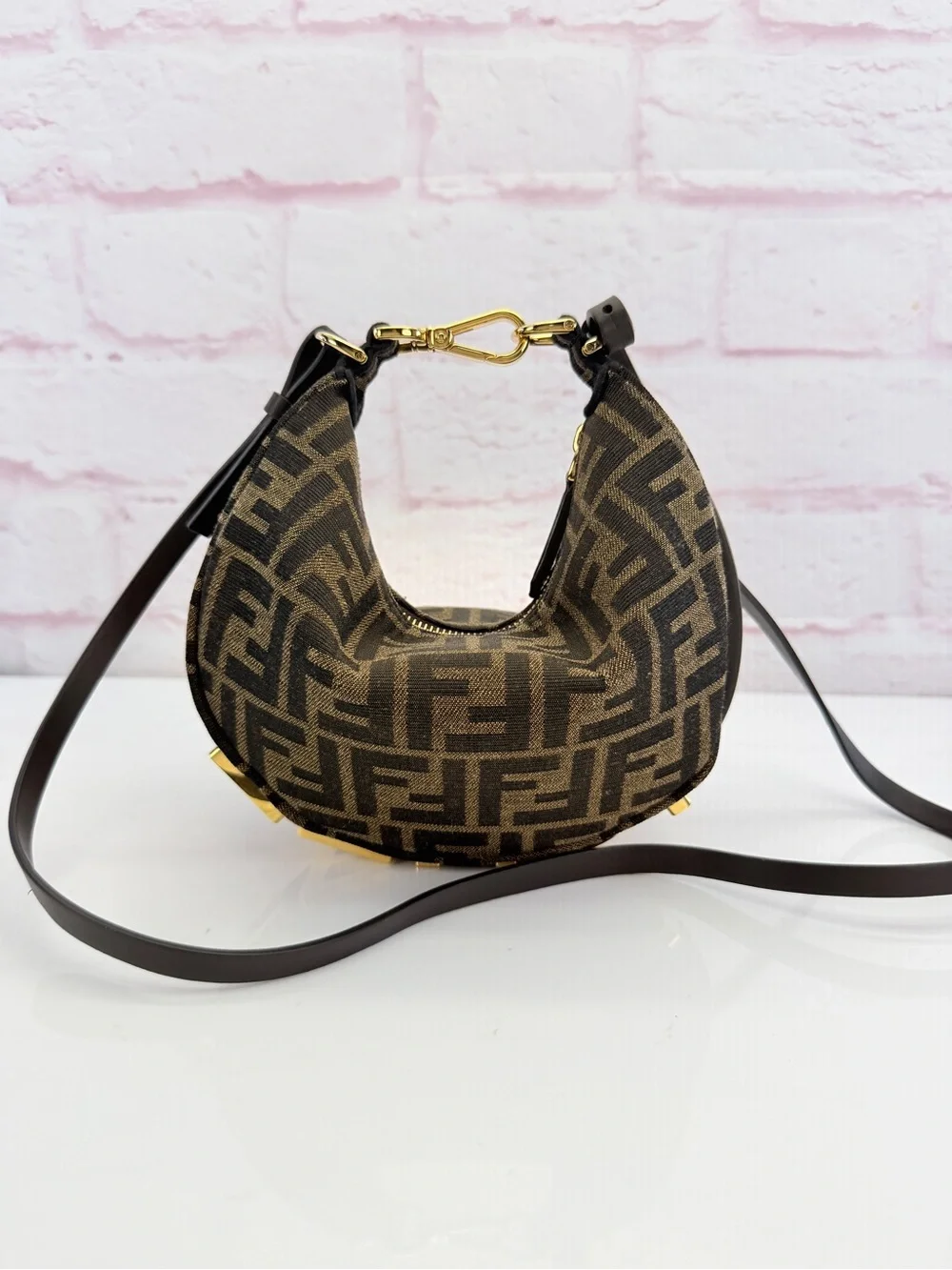 Fendi Denim Jacquard FF Effect Vitello Grace Mini Fendigraphy Hobo Bag Tobacco